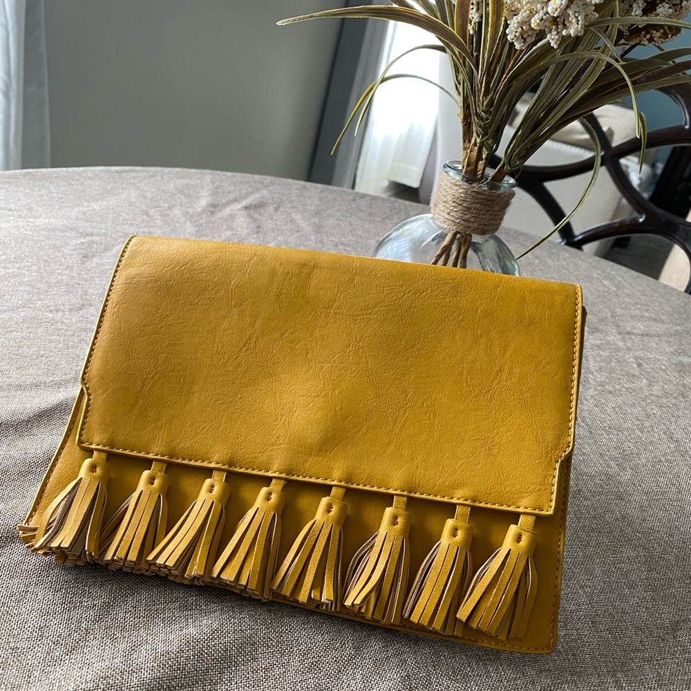 JustFab Yellow Mustard Crossbody/Envelope purse with Tassels